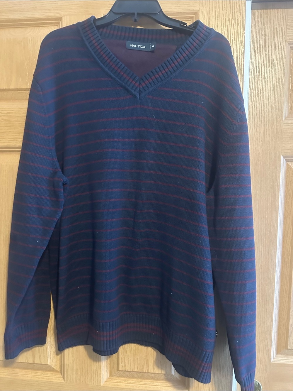 Nautica Men’s Navy with Burgundy Stripe V-Neck Sweater